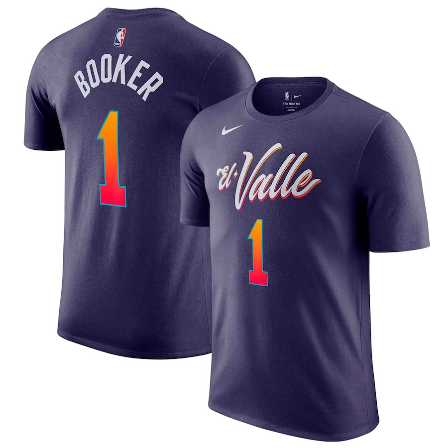 Men's Phoenix Suns #1 Devin Booker Purple 2023/24 City Edition Name & Number T-Shirt Men's Phoenix Suns #1 Devin Booker Purple 2023/24 City Edition Name & Number T-Shirt